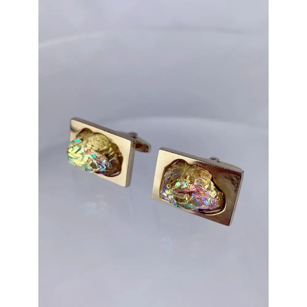 Dichroic Art Glass Nugget Gold Tone Cufflinks Molded Foster Iridescent Vintage